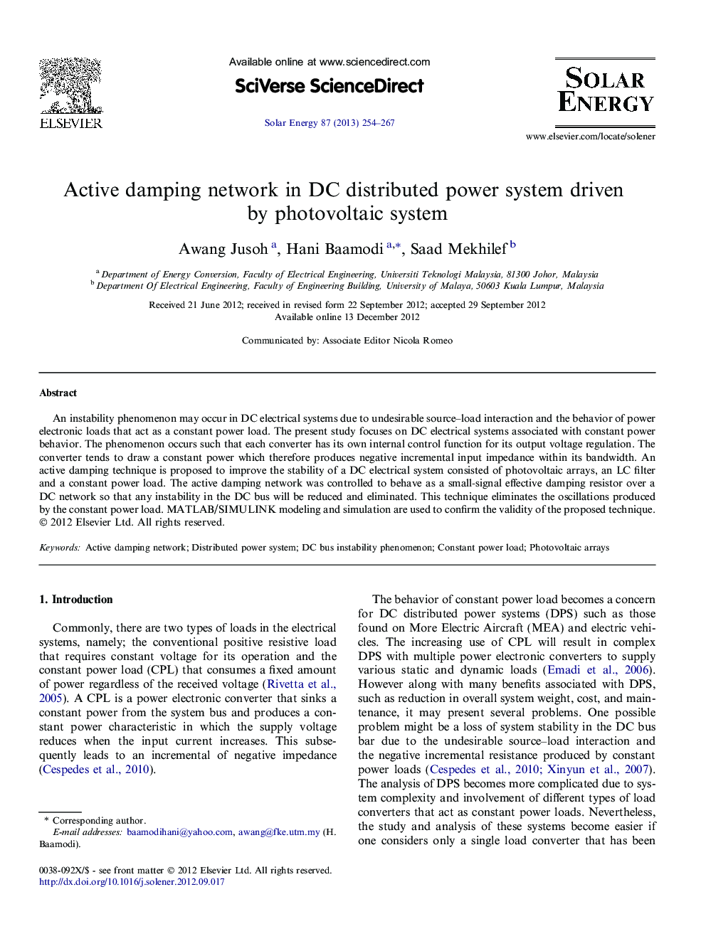 Active damping network in DC distributed power system driven by photovoltaic system