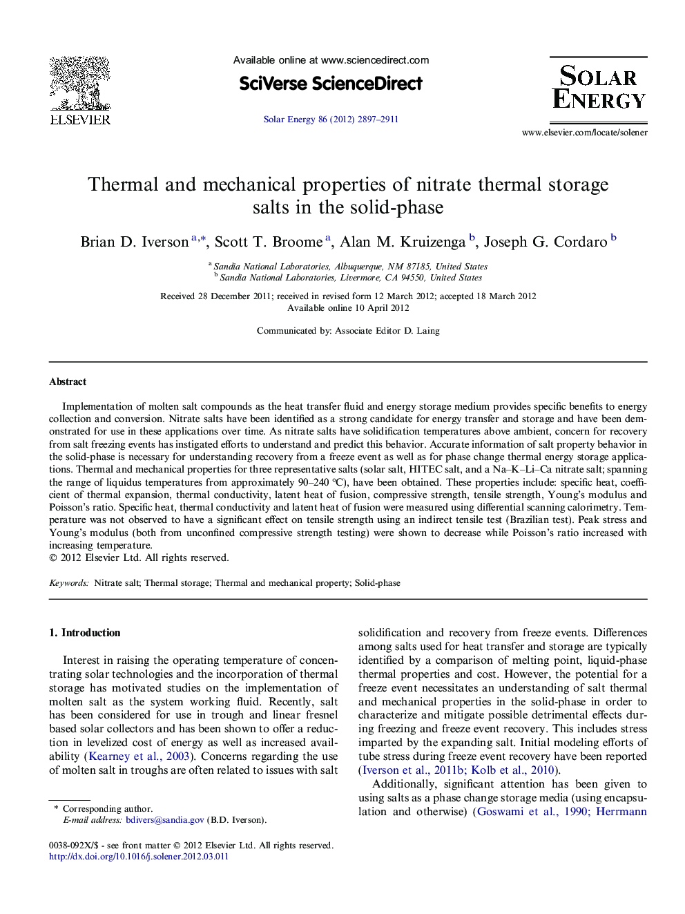 Thermal and mechanical properties of nitrate thermal storage salts in the solid-phase