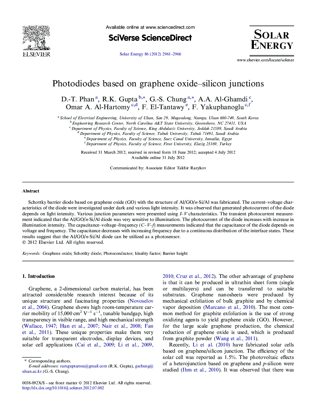 Photodiodes based on graphene oxide–silicon junctions