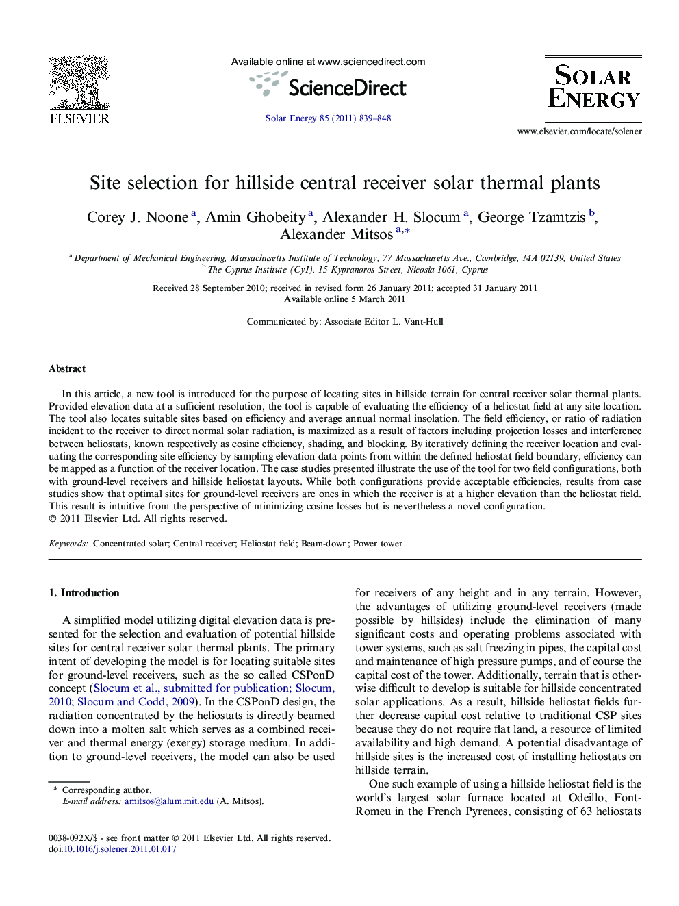 Site selection for hillside central receiver solar thermal plants