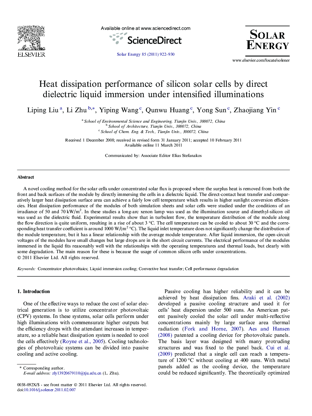 Heat dissipation performance of silicon solar cells by direct dielectric liquid immersion under intensified illuminations