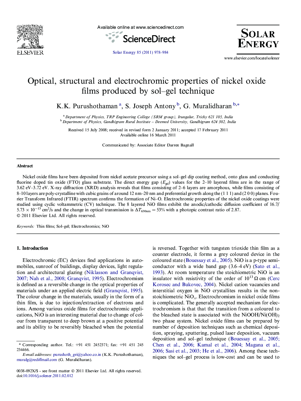 Optical, structural and electrochromic properties of nickel oxide films produced by sol–gel technique