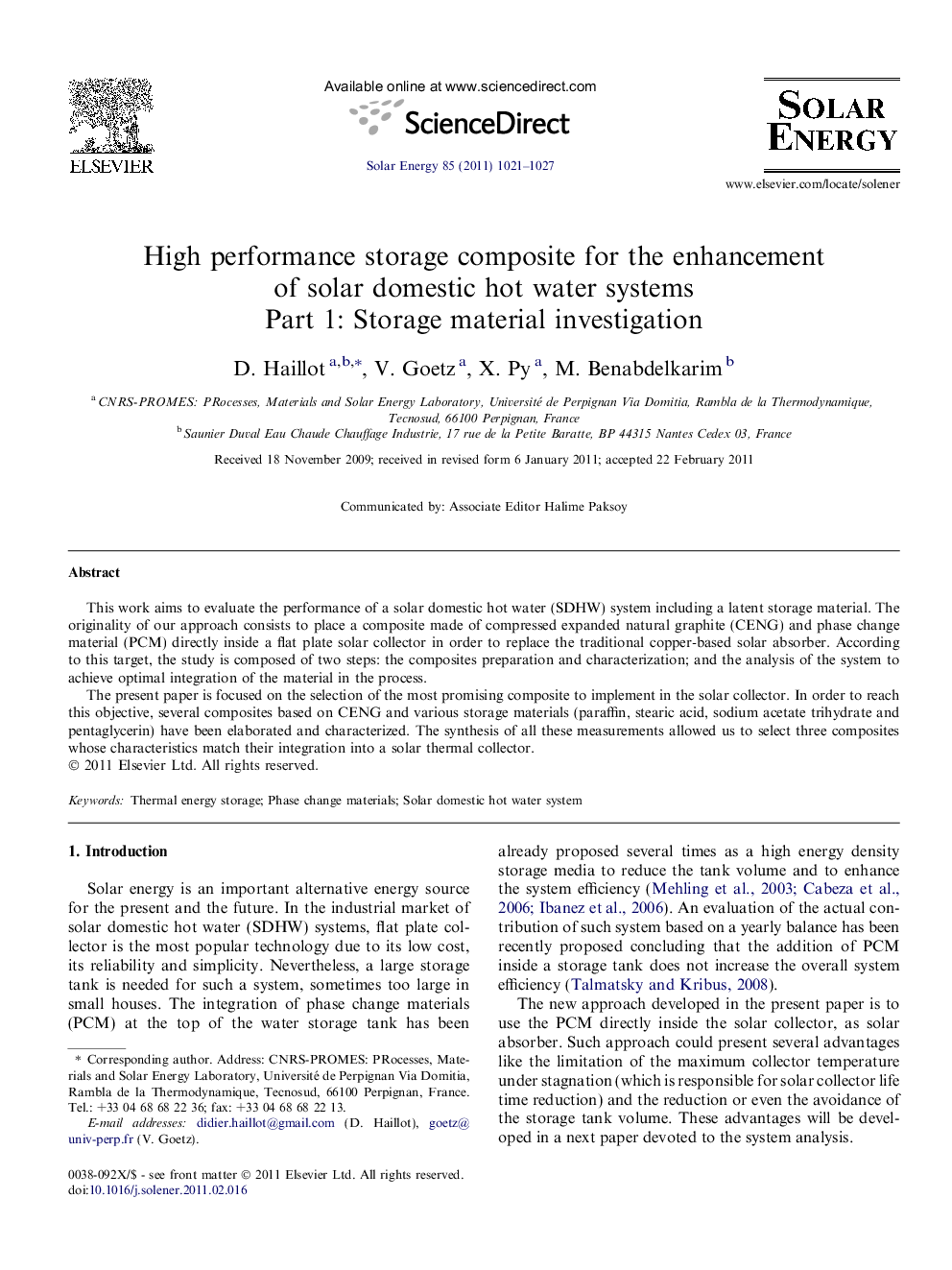 High performance storage composite for the enhancement of solar domestic hot water systems: Part 1: Storage material investigation