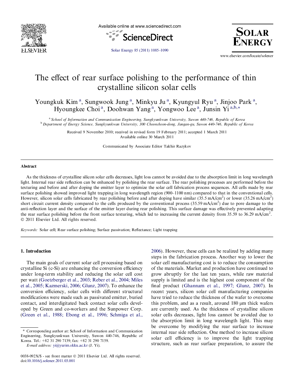 عکس صفحه اول مقاله: The effect of rear surface polishing to the performance of thin crystalline silicon solar cells The effect of rear surface polishing to the performance of thin crystalline silicon solar cells