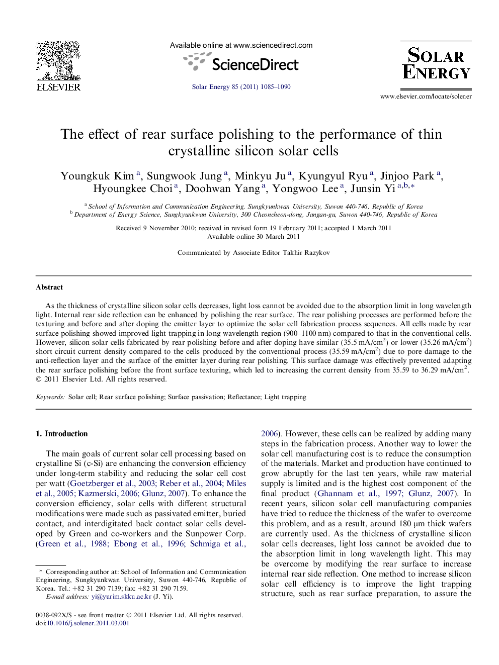 The effect of rear surface polishing to the performance of thin crystalline silicon solar cells