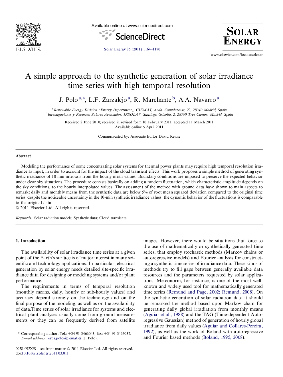 A simple approach to the synthetic generation of solar irradiance time series with high temporal resolution