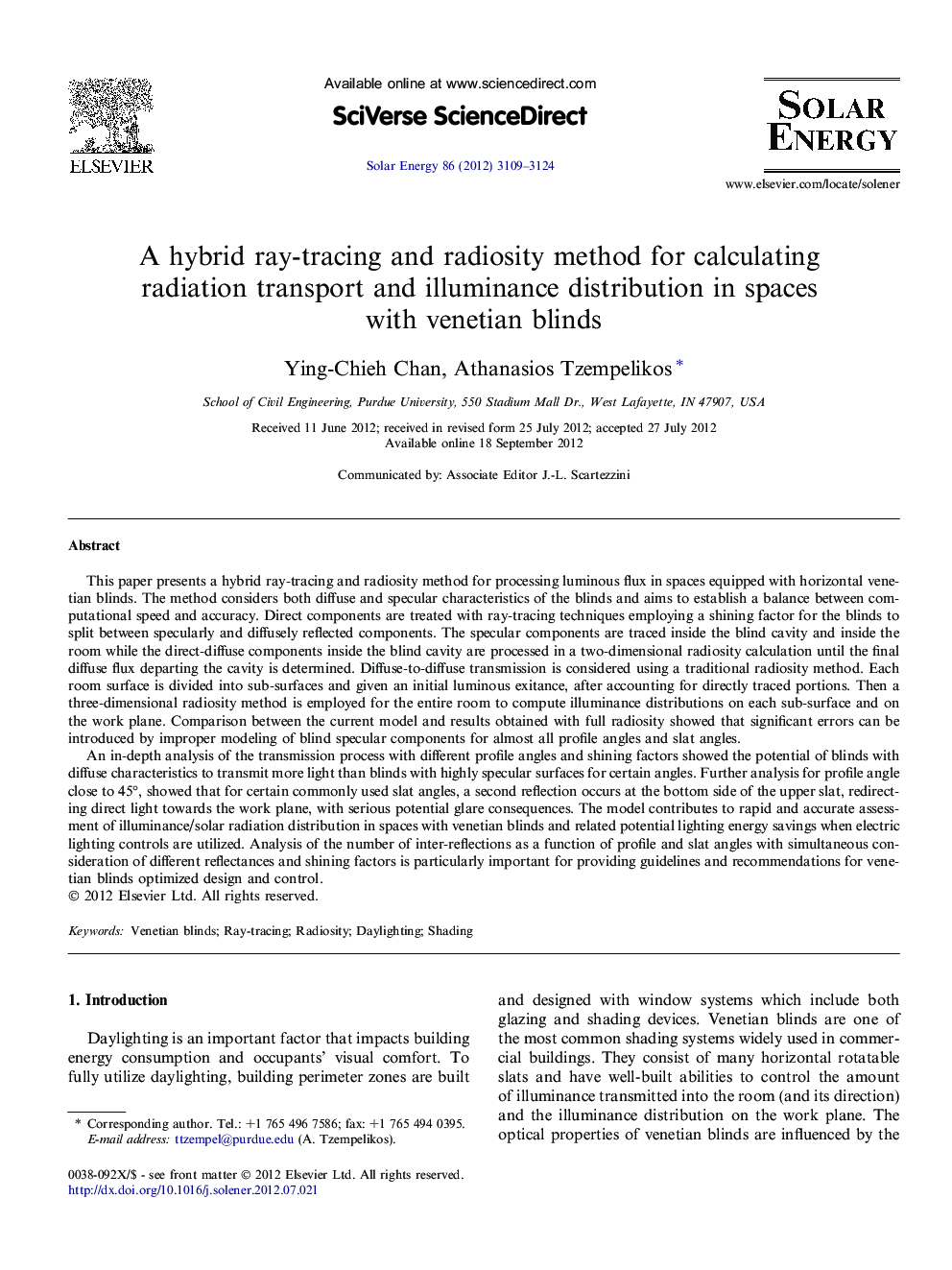 A hybrid ray-tracing and radiosity method for calculating radiation transport and illuminance distribution in spaces with venetian blinds