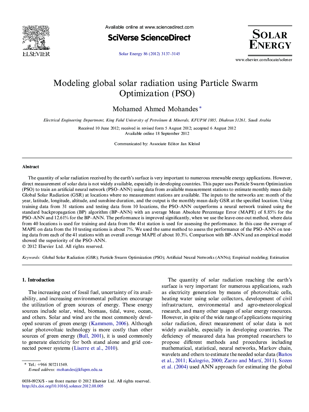 Modeling global solar radiation using Particle Swarm Optimization (PSO)