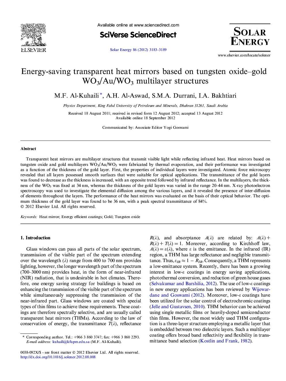 Energy-saving transparent heat mirrors based on tungsten oxide–gold WO3/Au/WO3 multilayer structures