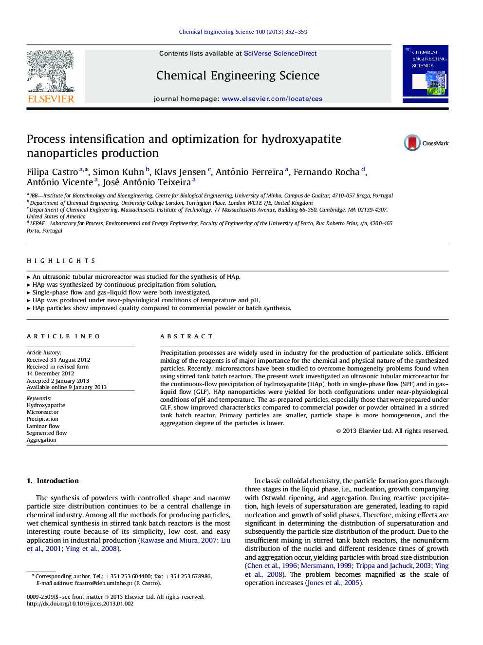 Process intensification and optimization for hydroxyapatite nanoparticles production