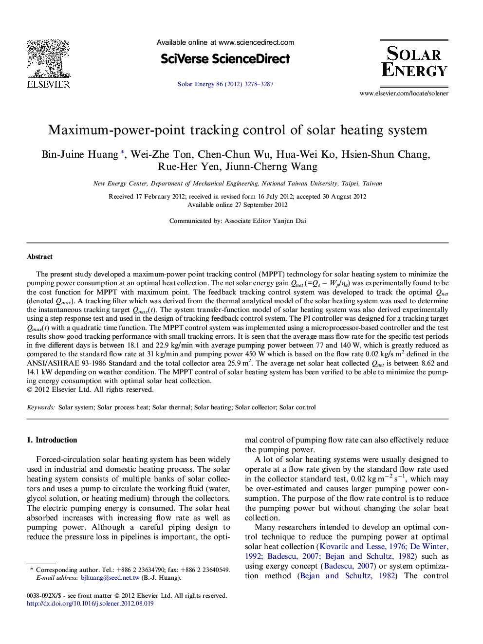 Maximum-power-point tracking control of solar heating system