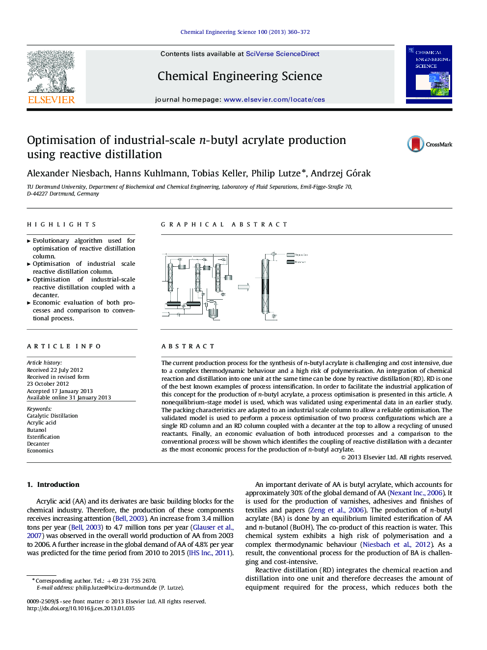 Optimisation of industrial-scale n-butyl acrylate production using reactive distillation