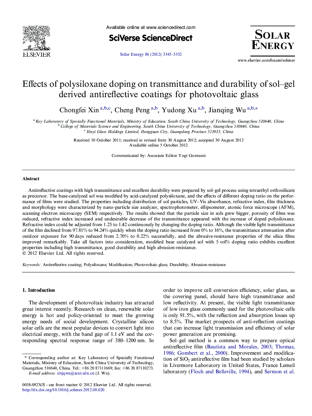 Effects of polysiloxane doping on transmittance and durability of sol–gel derived antireflective coatings for photovoltaic glass