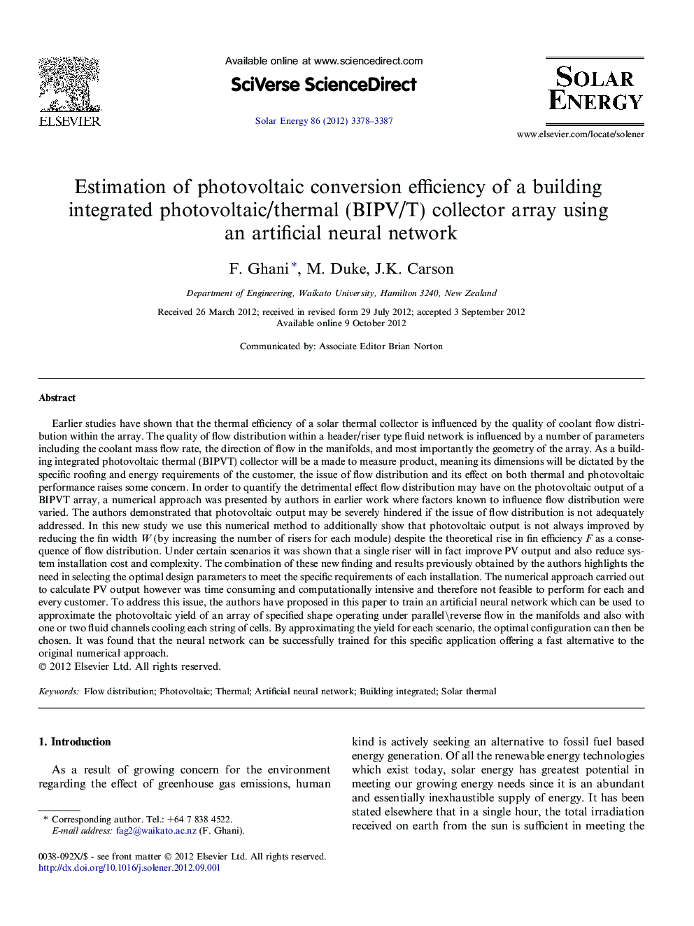 Estimation of photovoltaic conversion efficiency of a building integrated photovoltaic/thermal (BIPV/T) collector array using an artificial neural network