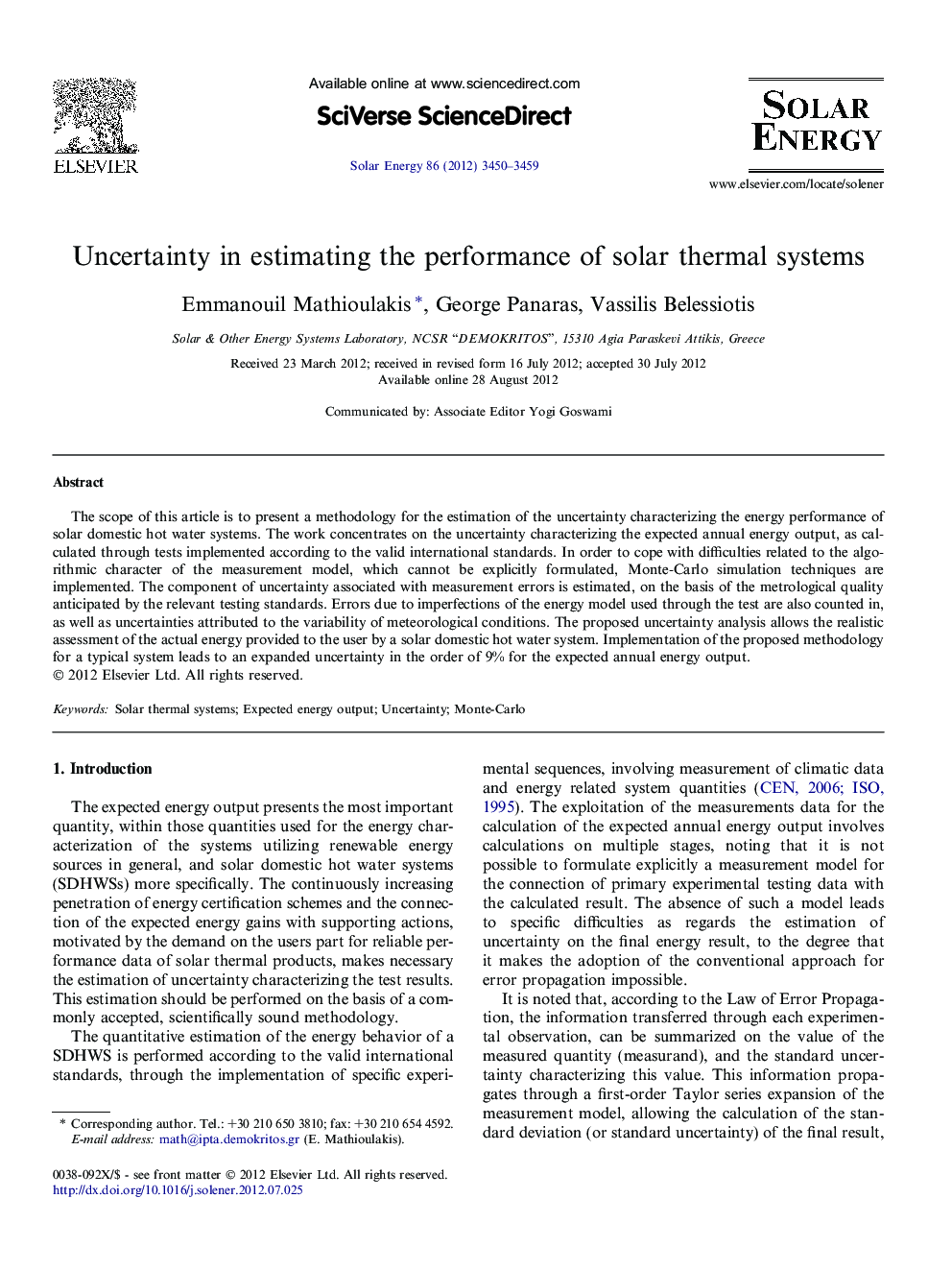 Uncertainty in estimating the performance of solar thermal systems