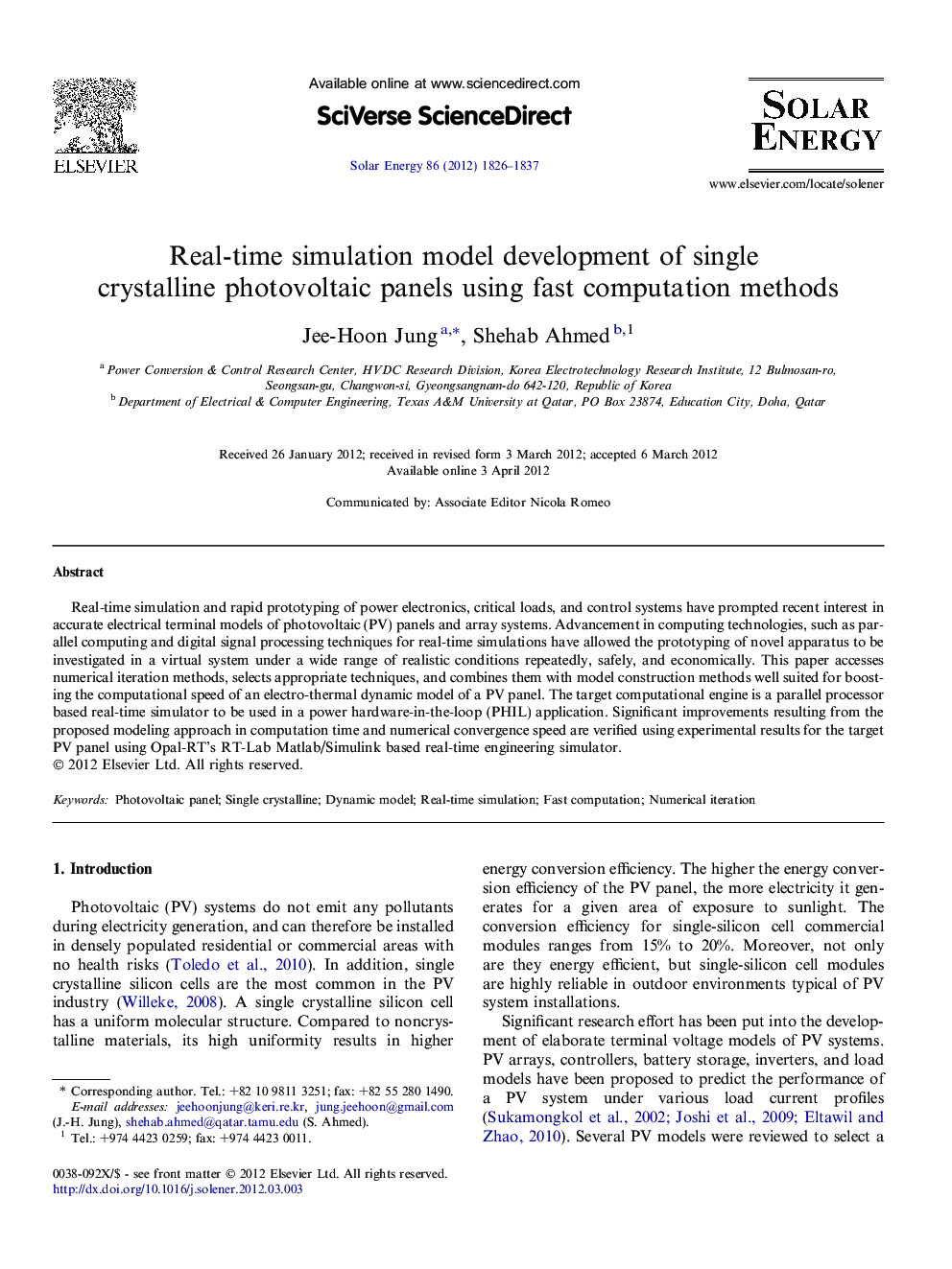Real-time simulation model development of single crystalline photovoltaic panels using fast computation methods