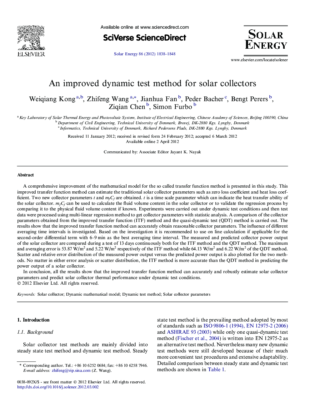 An improved dynamic test method for solar collectors