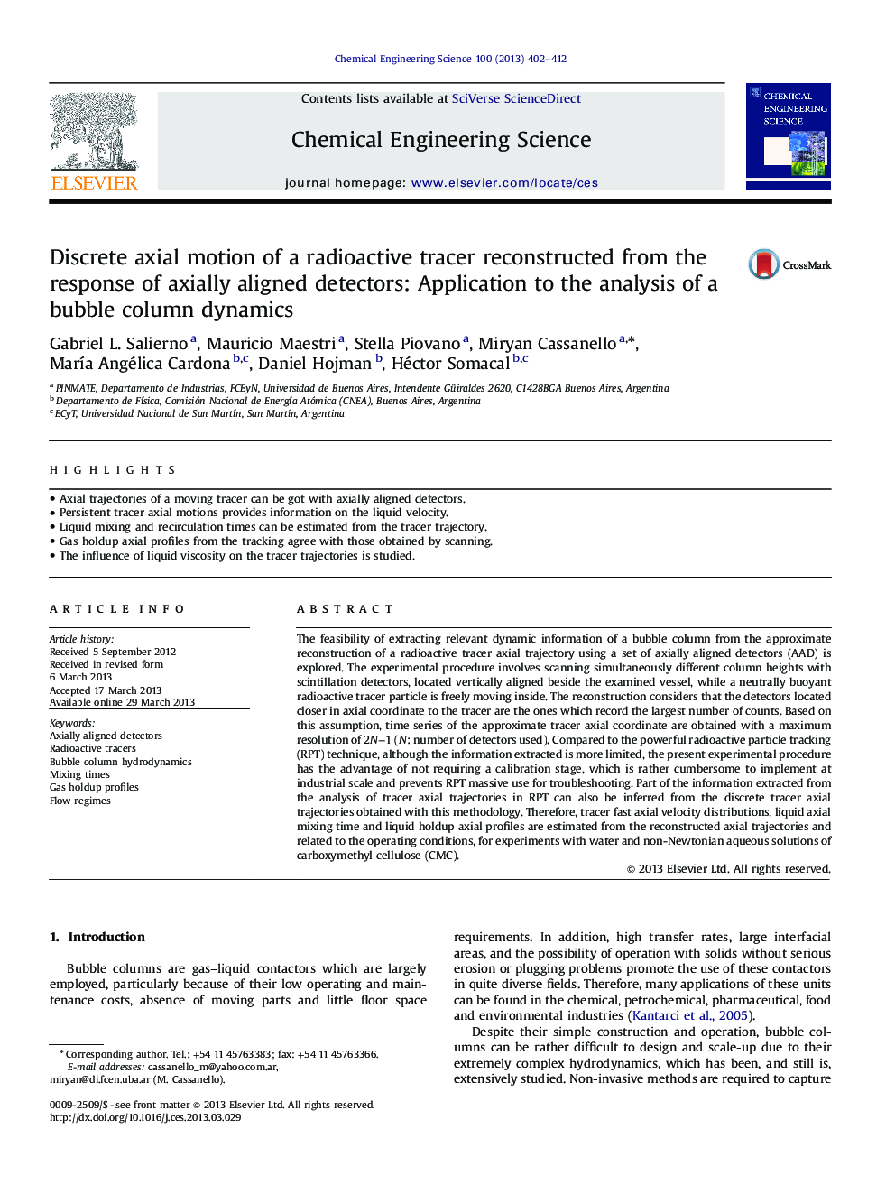 Discrete axial motion of a radioactive tracer reconstructed from the response of axially aligned detectors: Application to the analysis of a bubble column dynamics