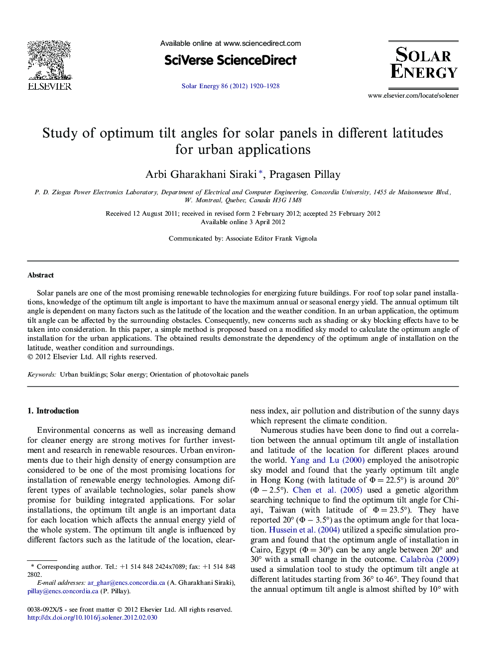 Study of optimum tilt angles for solar panels in different latitudes for urban applications