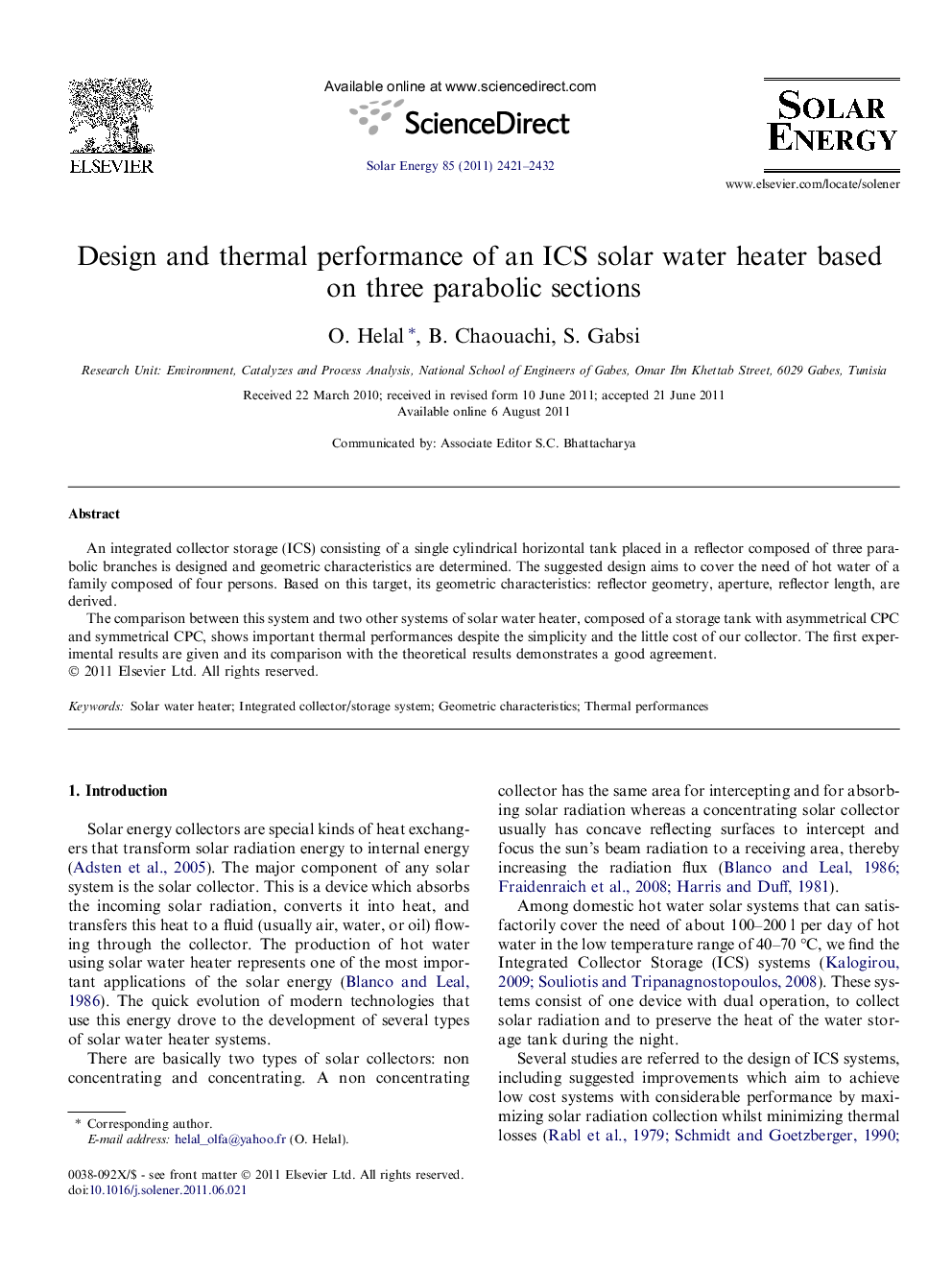 Design and thermal performance of an ICS solar water heater based on three parabolic sections