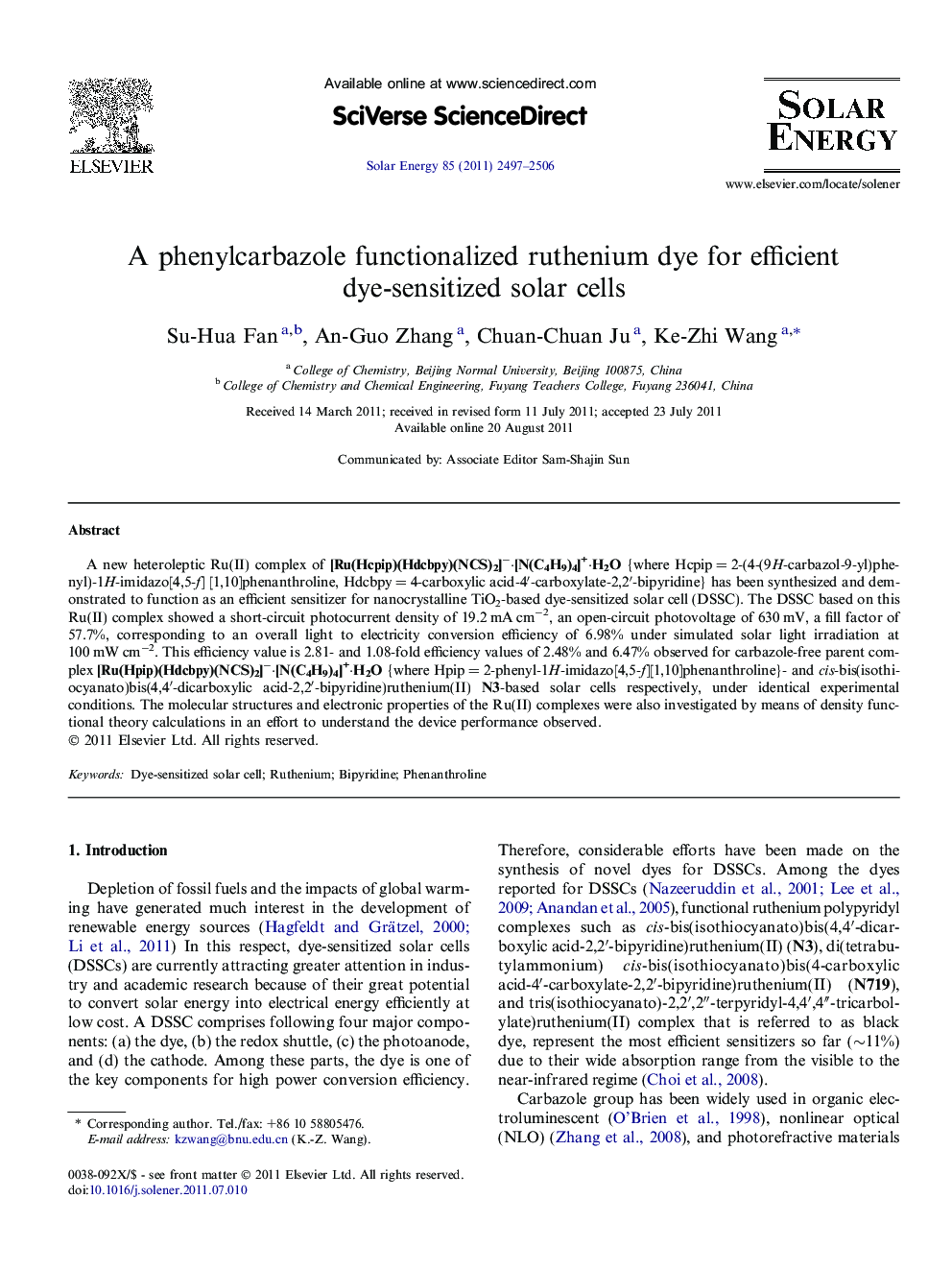 A phenylcarbazole functionalized ruthenium dye for efficient dye-sensitized solar cells