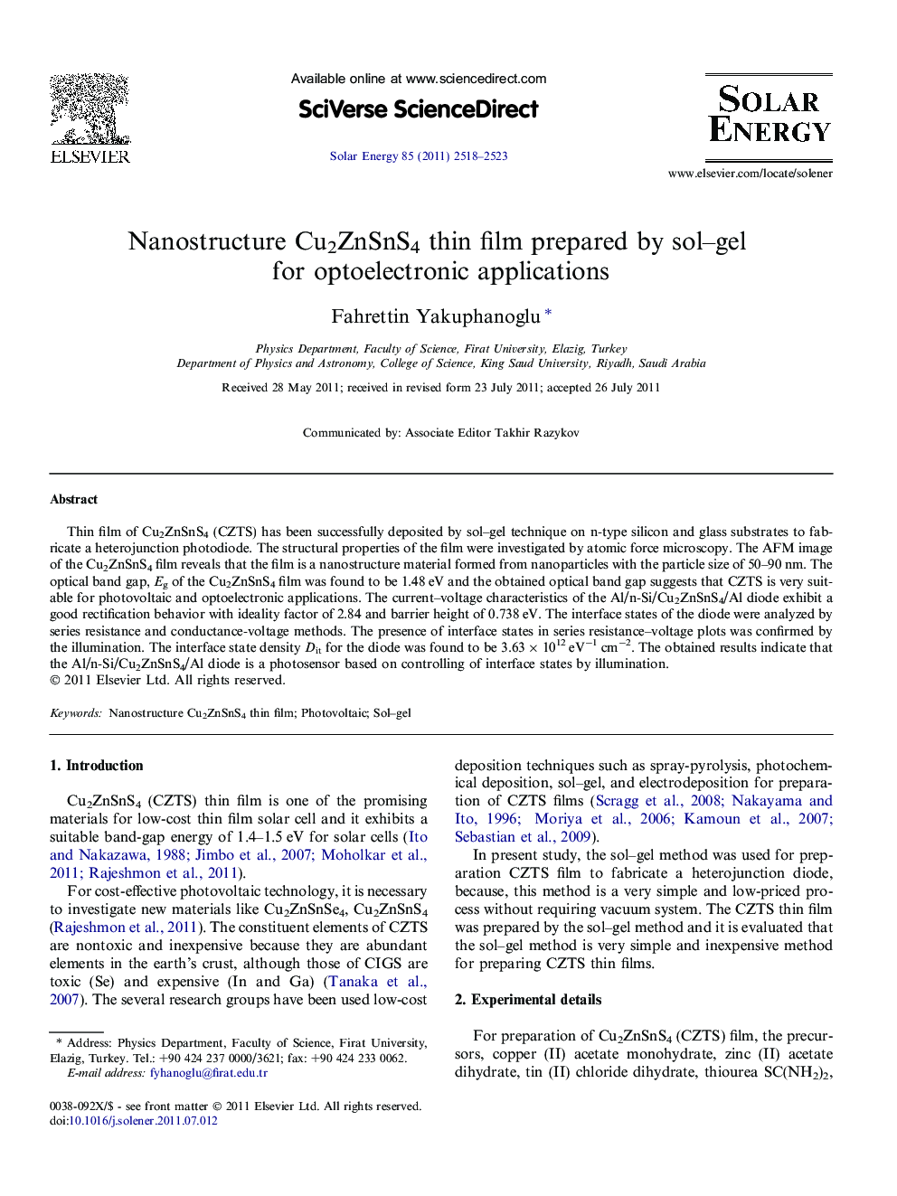 Nanostructure Cu2ZnSnS4 thin film prepared by sol-gel for optoelectronic applications