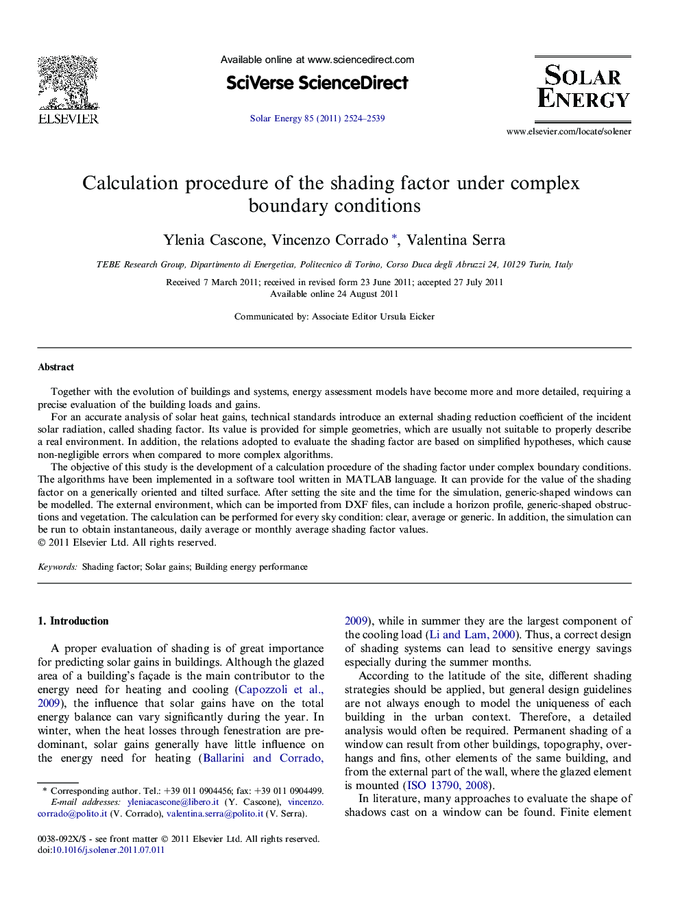 Calculation procedure of the shading factor under complex boundary conditions