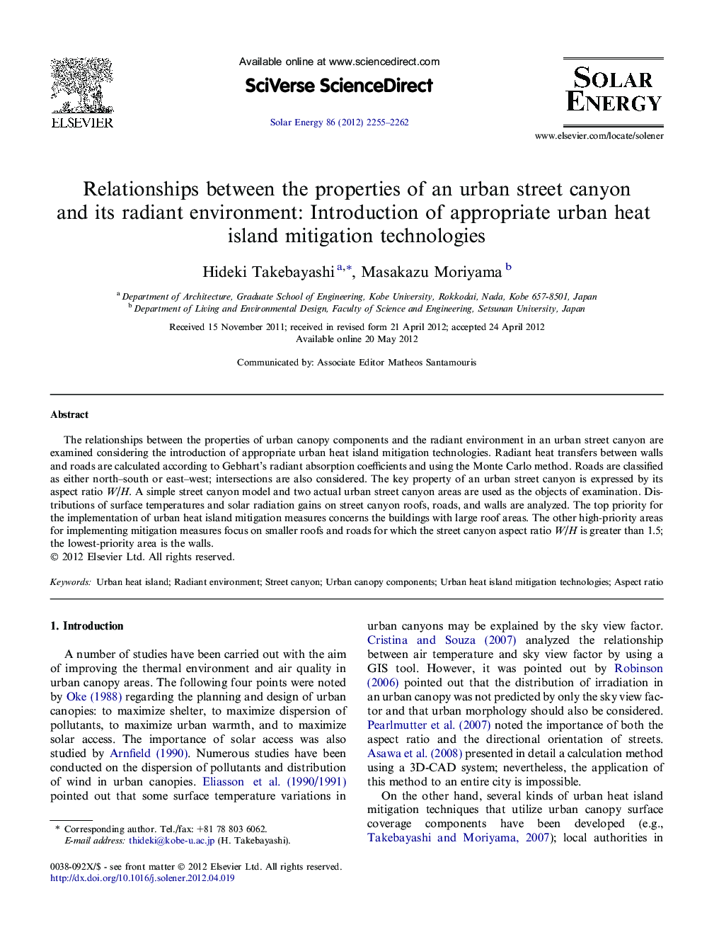 Relationships between the properties of an urban street canyon and its radiant environment: Introduction of appropriate urban heat island mitigation technologies