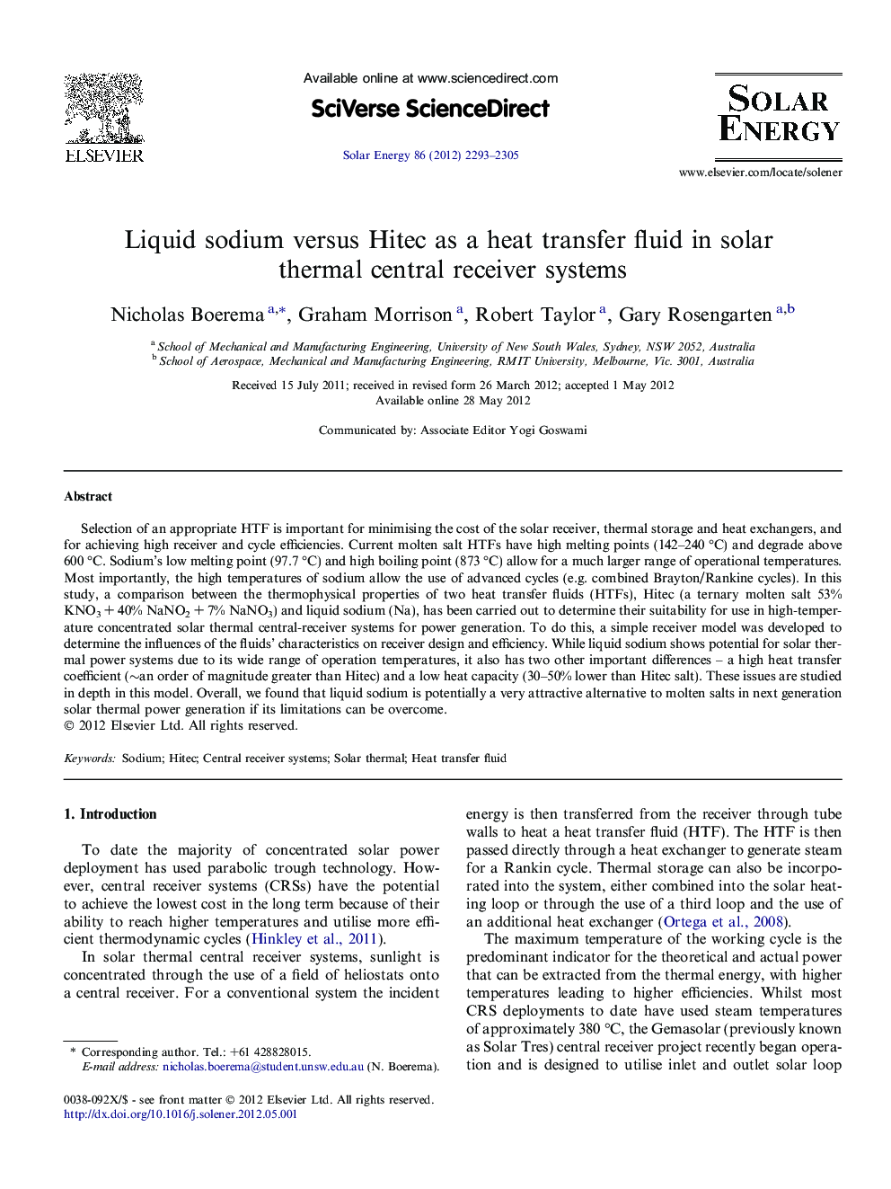 Liquid sodium versus Hitec as a heat transfer fluid in solar thermal central receiver systems