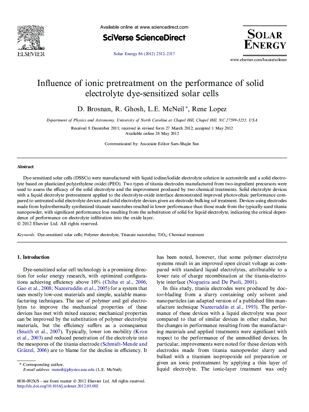 Influence of ionic pretreatment on the performance of solid electrolyte dye-sensitized solar cells