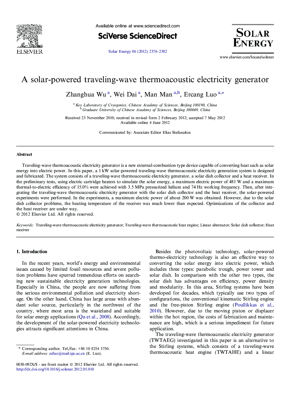 A solar-powered traveling-wave thermoacoustic electricity generator