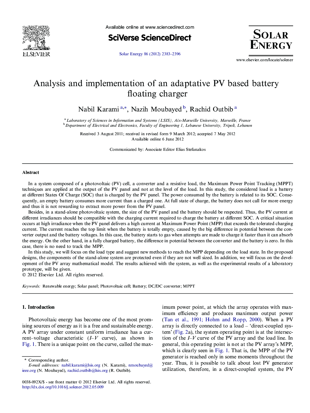 Analysis and implementation of an adaptative PV based battery floating charger