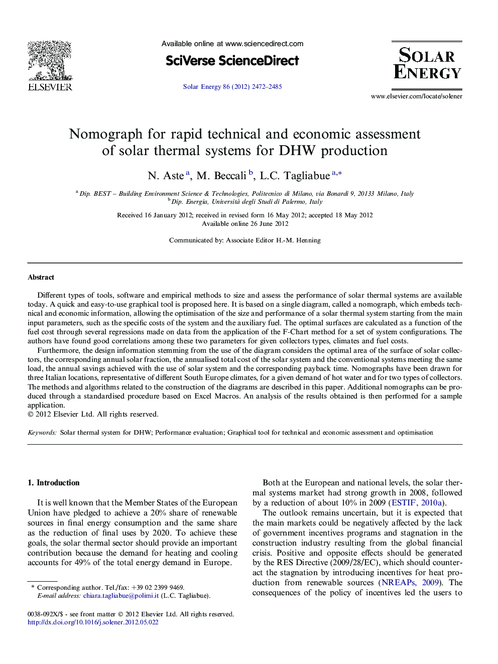 Nomograph for rapid technical and economic assessment of solar thermal systems for DHW production