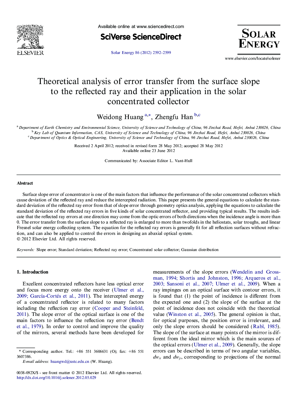 Theoretical analysis of error transfer from the surface slope to the reflected ray and their application in the solar concentrated collector