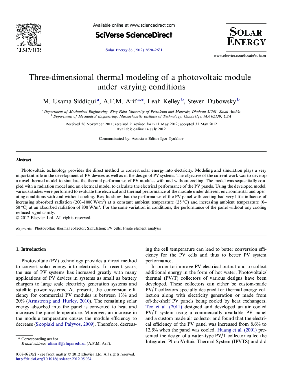 Three-dimensional thermal modeling of a photovoltaic module under varying conditions