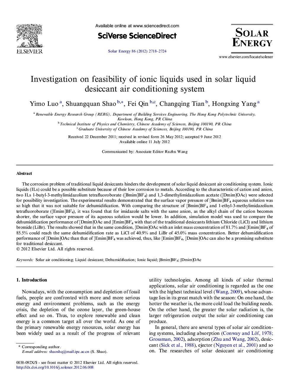 Investigation on feasibility of ionic liquids used in solar liquid desiccant air conditioning system