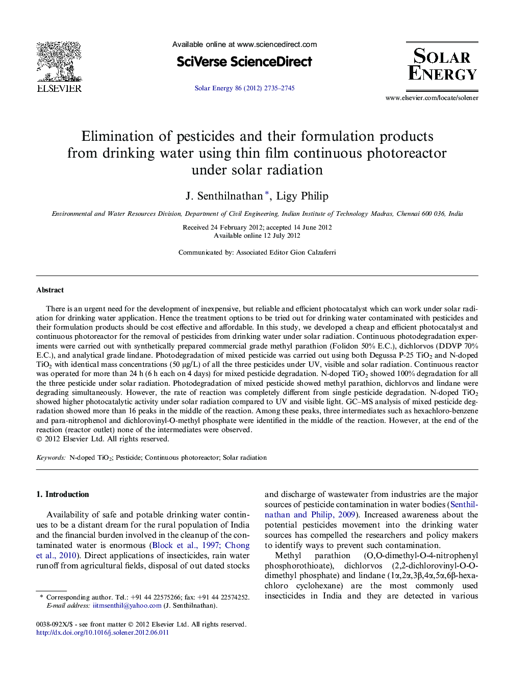 Elimination of pesticides and their formulation products from drinking water using thin film continuous photoreactor under solar radiation