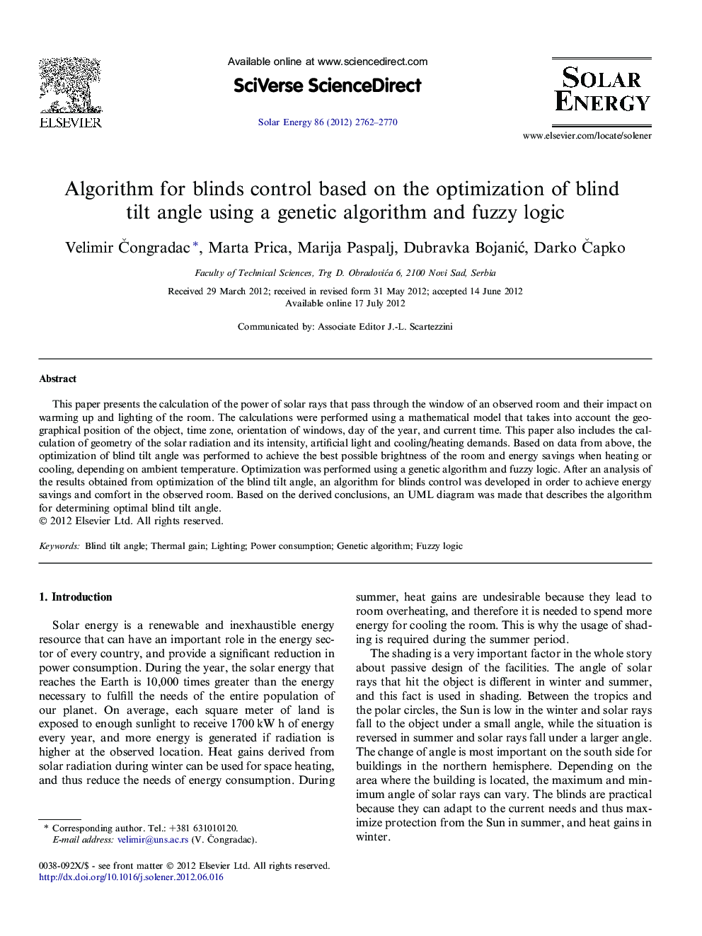 Algorithm for blinds control based on the optimization of blind tilt angle using a genetic algorithm and fuzzy logic