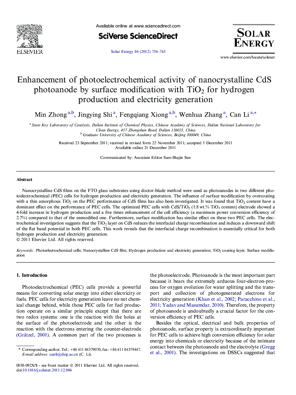 Enhancement of photoelectrochemical activity of nanocrystalline CdS photoanode by surface modification with TiO2 for hydrogen production and electricity generation