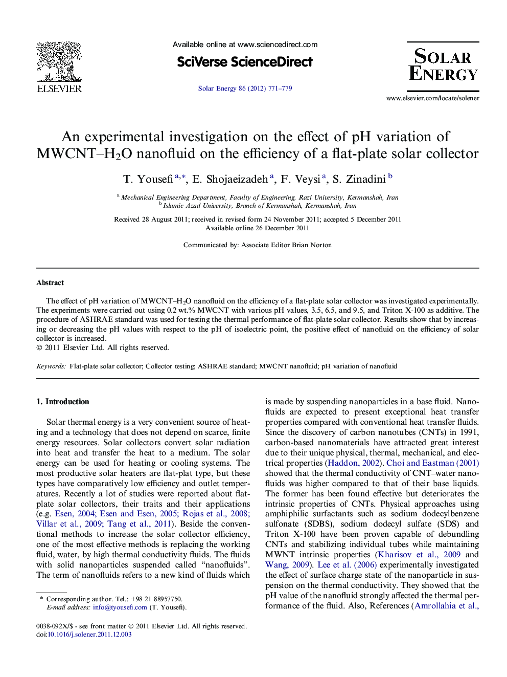 An experimental investigation on the effect of pH variation of MWCNT–H2O nanofluid on the efficiency of a flat-plate solar collector