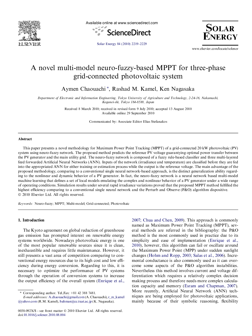 A novel multi-model neuro-fuzzy-based MPPT for three-phase grid-connected photovoltaic system