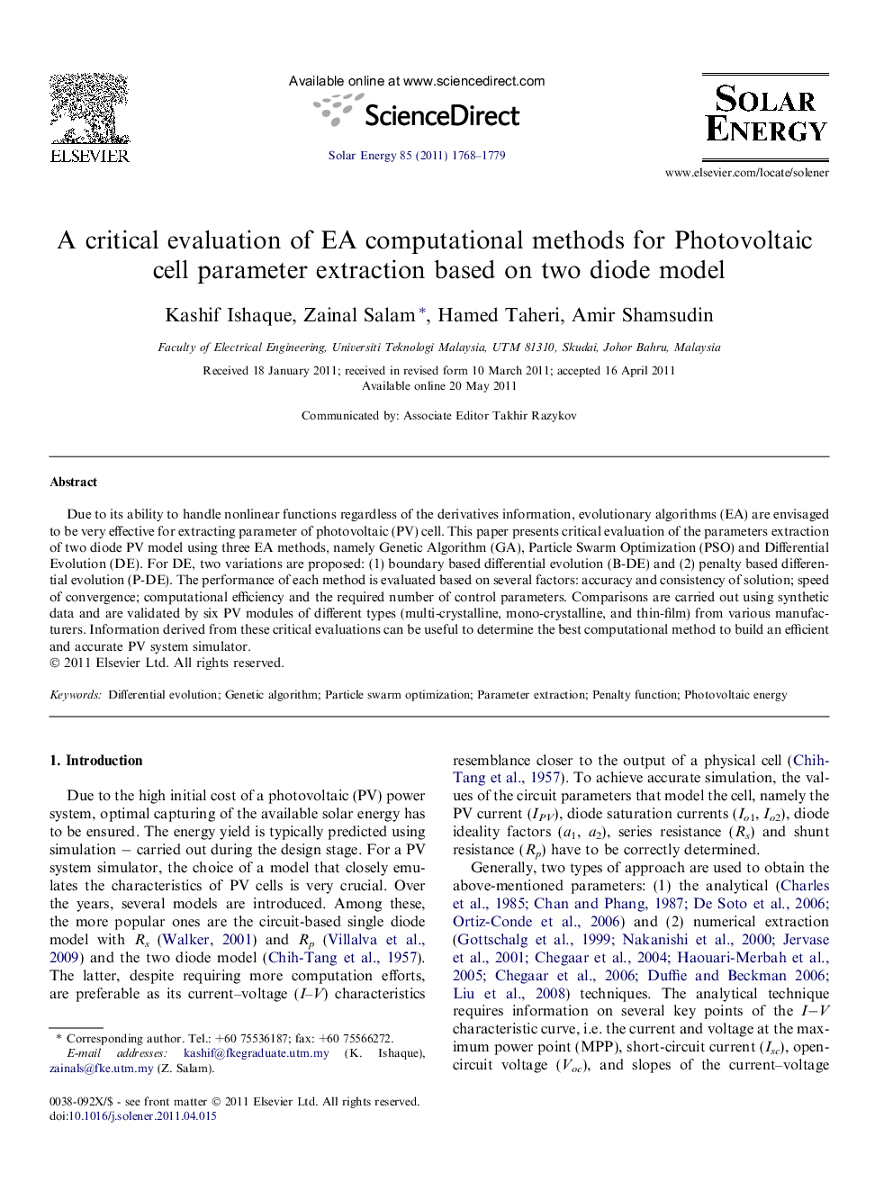 A critical evaluation of EA computational methods for Photovoltaic cell parameter extraction based on two diode model