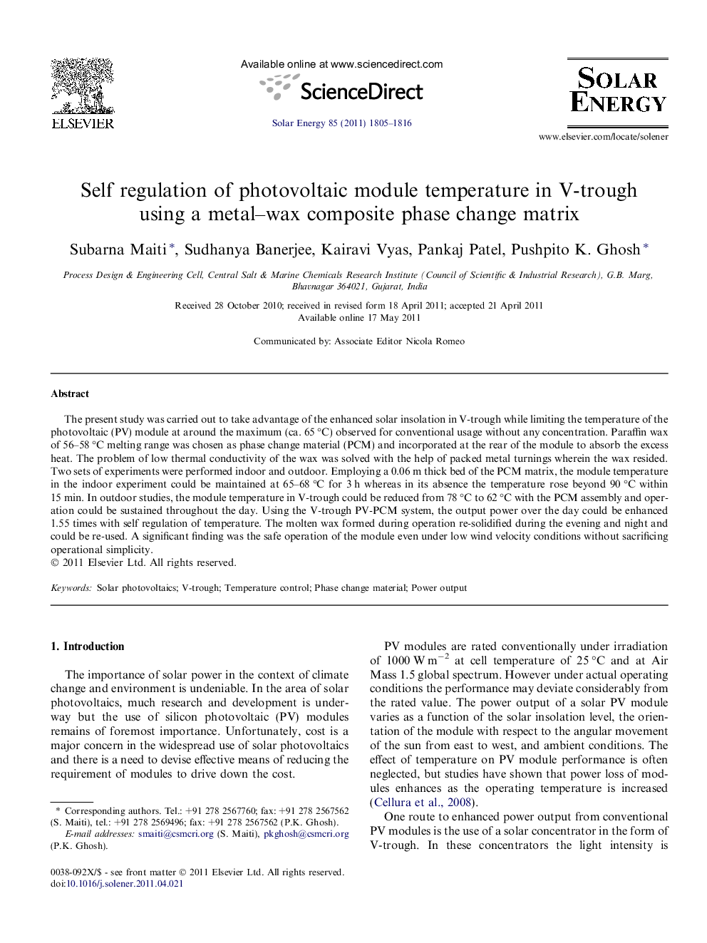 Self regulation of photovoltaic module temperature in V-trough using a metal–wax composite phase change matrix