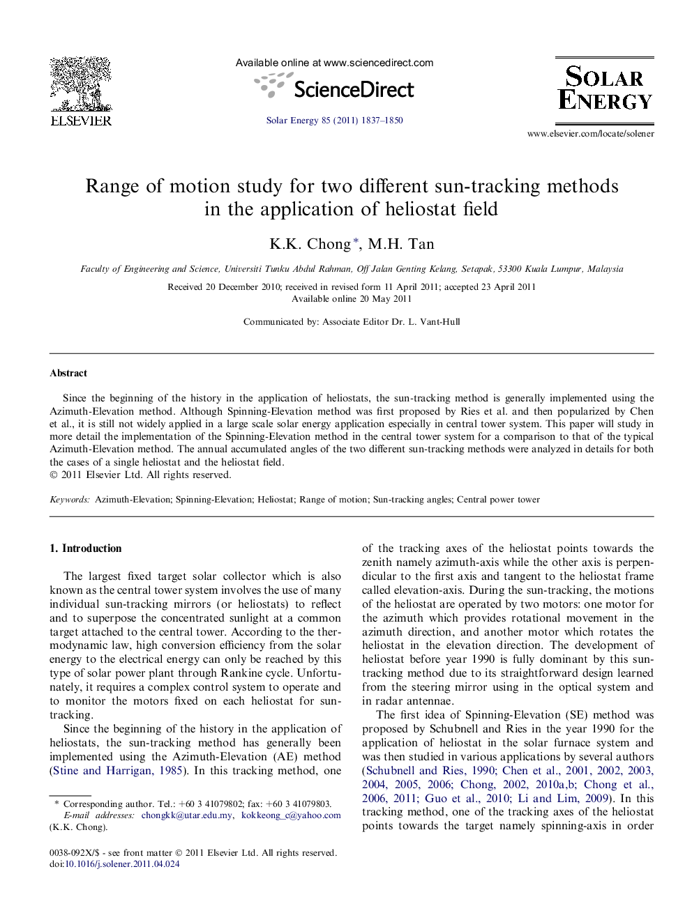 Range of motion study for two different sun-tracking methods in the application of heliostat field