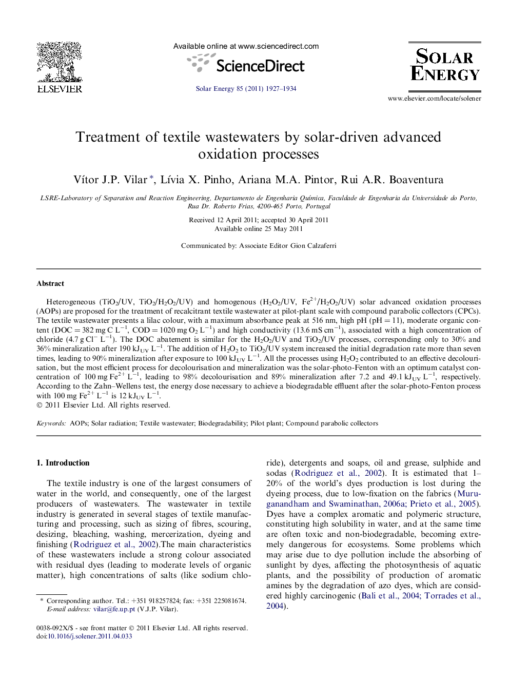 Treatment of textile wastewaters by solar-driven advanced oxidation processes