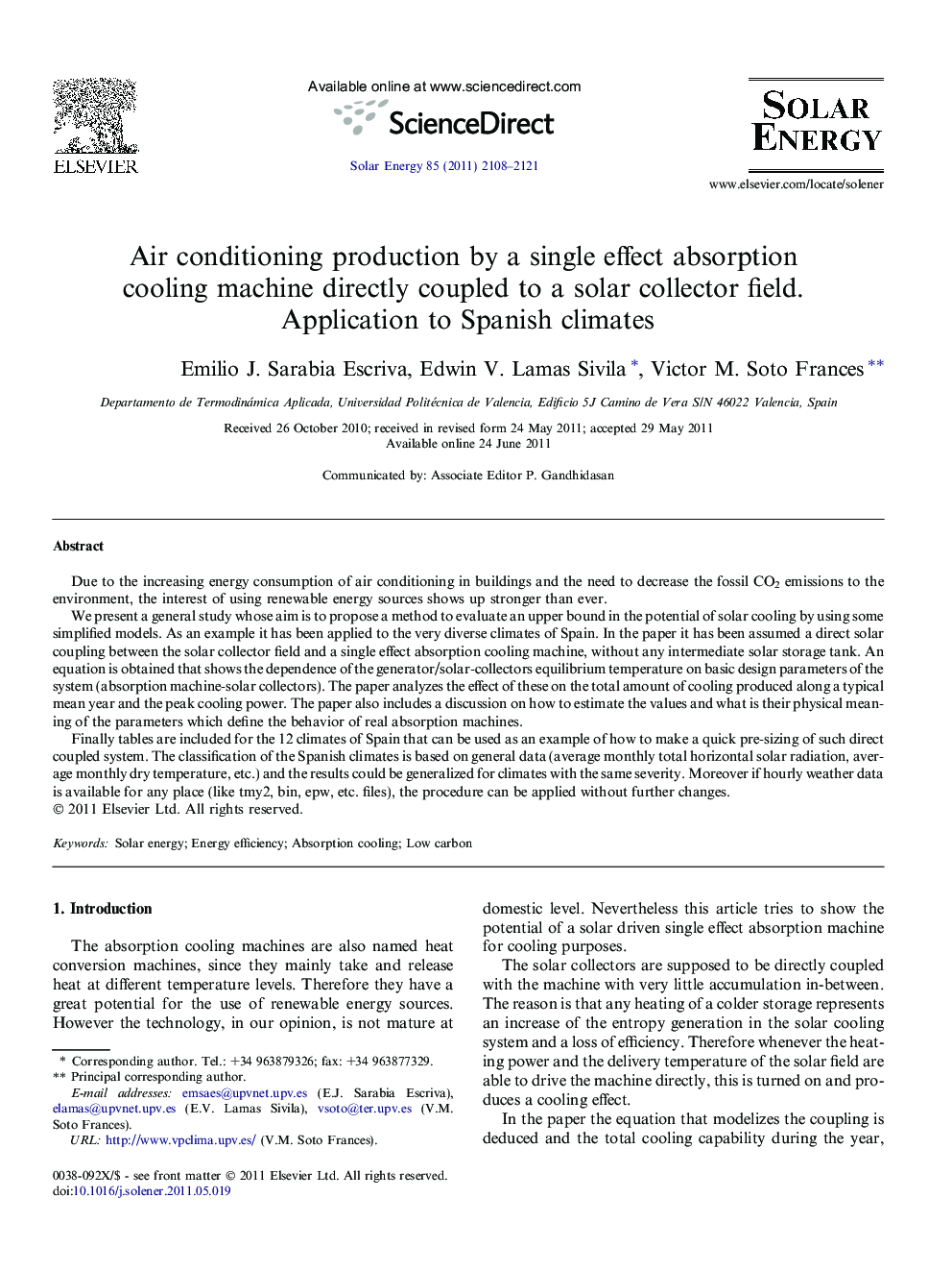 Air conditioning production by a single effect absorption cooling machine directly coupled to a solar collector field. Application to Spanish climates