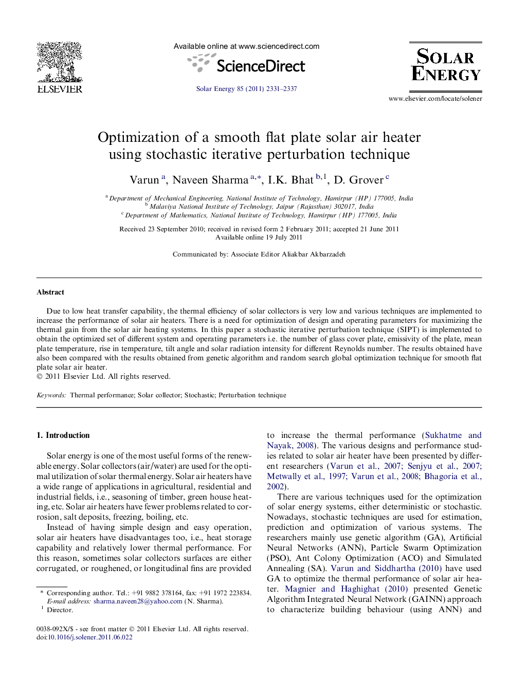 Optimization of a smooth flat plate solar air heater using stochastic iterative perturbation technique