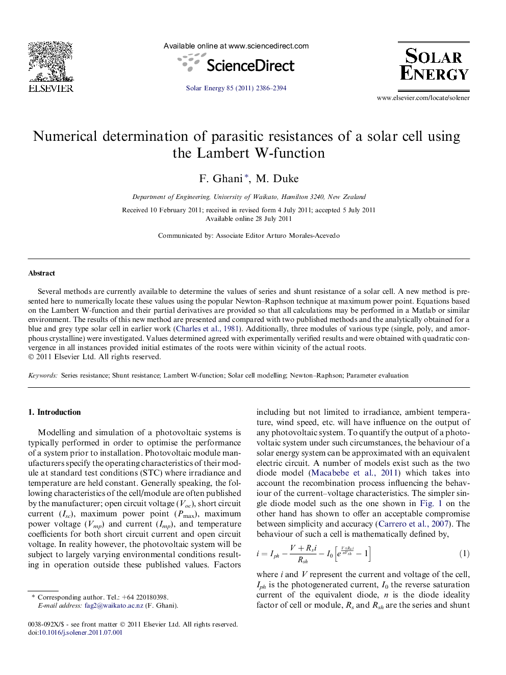 Numerical determination of parasitic resistances of a solar cell using the Lambert W-function