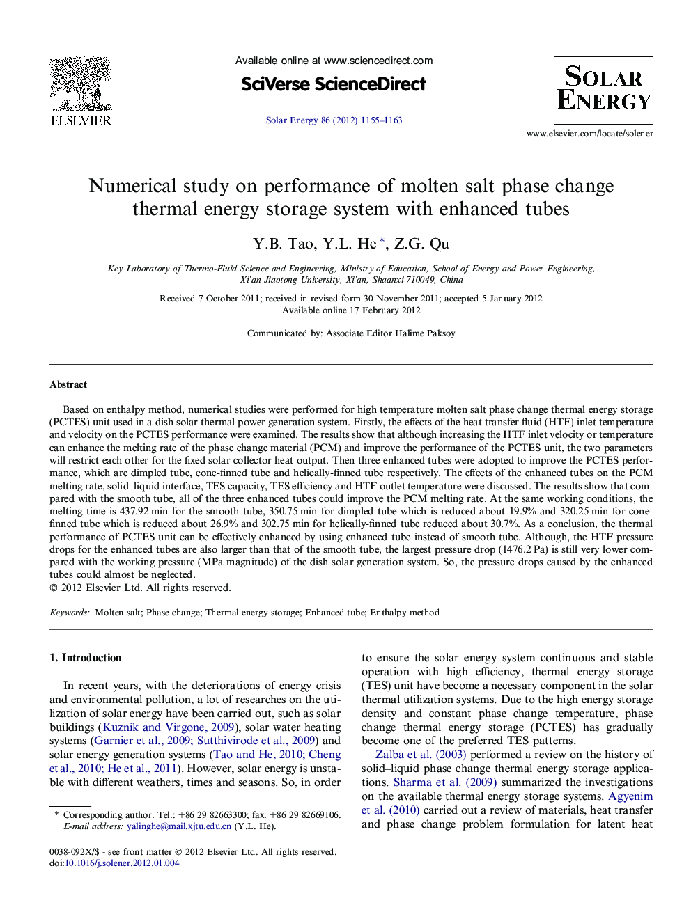 Numerical study on performance of molten salt phase change thermal energy storage system with enhanced tubes
