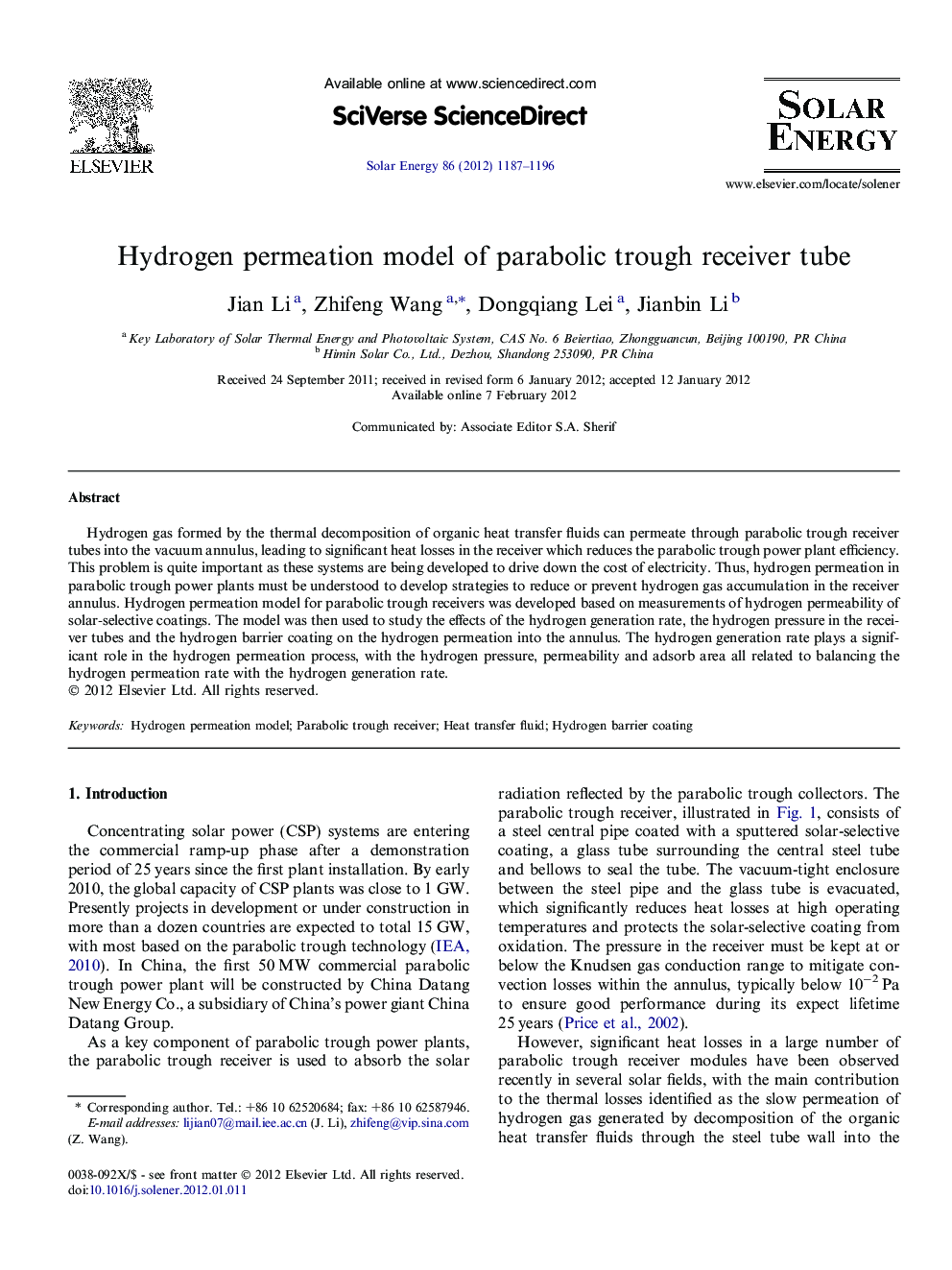 Hydrogen permeation model of parabolic trough receiver tube